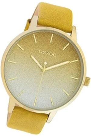 Oozoo Quarzuhr Damen Armbanduhr Timepieces, (Analoguhr), Damenuhr Lederarmband gelb, rundes Gehäuse, extra groß (ca. 48mm) gelb