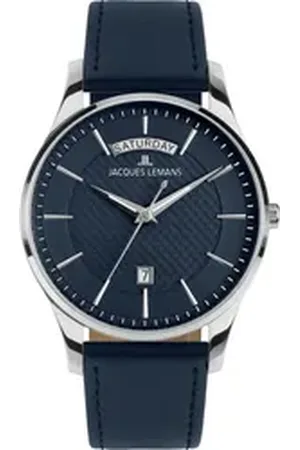 Jacques Lemans Quarzuhr London 1-2193C, Armbanduhr, Herrenuhr, Lederarmband, analog, Wochentag, Tag blau