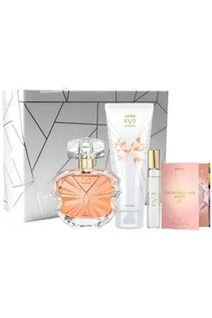 Avon Eau de Parfum EVE BECOME 50ml Körperlotion 125ml Taschenspray 10ml mit Geschenkbox, 5-tlg., Hochwertige schwarze Geschenktasche mit goldener Schleife.