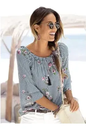 Lascana Carmenbluse mit modischem Druck, Damenbluse, schulterfrei, casual blau 48