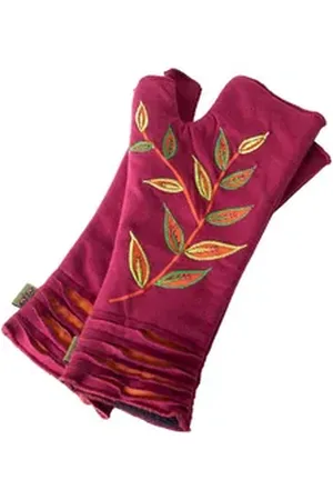 Vishes Armstulpen Bestickte Damen Handschuhe Stulpen mit Daumen Fleece Gefüttert Alternative Bekleidung, Hippie, Goa Style rot