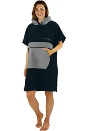Normani Badeponcho Damen Badeponcho, Midilänge, Baumwolle, Kapuze, Schlupf, Badehandtuch aus 100 % saugstarker Baumwolle blau|grau L/XL