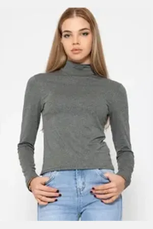 SASSYCLASSY Langarmshirt Langarmshirt Damen mit Rollkragen Elegant Figurbetontes Rundhalsausschnitt Shirt Braun Schwarz Weiß Grau grau L