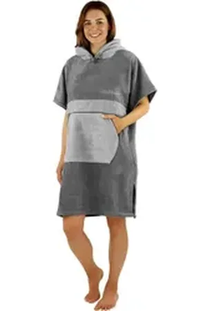 Normani Badeponcho Damen Badeponcho, Midilänge, Baumwolle, Kapuze, Schlupf, Badehandtuch aus 100 % saugstarker Baumwolle blau|grau L/XL