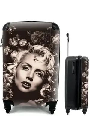 MuchoWow Handgepäckkoffer Frau - Blumen - Schwarz - Weiß, 4 Rollen, Reisetasche mit rollen, Handgepäck für Ferien, Trolley, Reisekoffer bunt