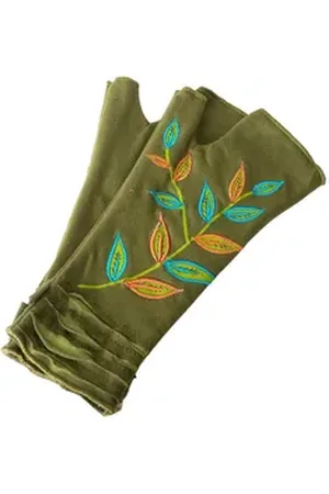 Vishes Armstulpen Bestickte Damen Handschuhe Stulpen mit Daumen Fleece Gefüttert Alternative Bekleidung, Hippie, Goa Style grün