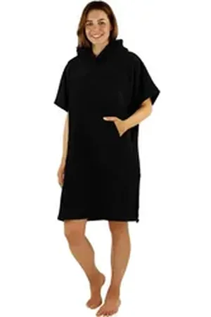 Normani Badeponcho Damen Badeponcho, Midilänge, Baumwolle, Kapuze, Schlupf, Badehandtuch aus 100 % saugstarker Baumwolle blau|schwarz S/M