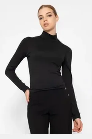 SASSYCLASSY Langarmshirt Langarmshirt Damen mit Rollkragen Elegant Figurbetontes Rundhalsausschnitt Shirt Braun Schwarz Weiß Grau schwarz L