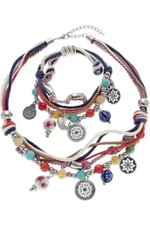 Lascana Schmuckset Bettlerarmband und Halsketten Set, Mit vielen kleinen Anhängern blau|rot