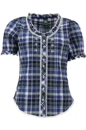 OS-TRACHTEN OS Trachten Trachtenbluse Smussu Damen Kurzarmbluse mit Kräuselärmel blau 38