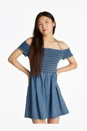 Tommy Hilfiger Midikleid TJW CHAMBRAY FIT & FLARE DRESS mit Bindeband, in blauer Waschung blau L (40)