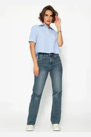 SASSYCLASSY Kurzarmbluse Crop Kurzarmbluse Damen mit Lurexstreifen elegant Kurze Bluse gestreift mit Kragen kurzarm aus Baumwollmischung Hellblau blau M