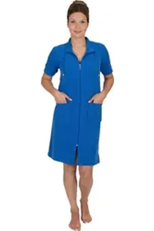 WeWo fashion Damenbademantel 033, Midilänge, Leichtfrottee, Stehkragen, Reißverschluss, Kragen mit Kordel blau 40/42