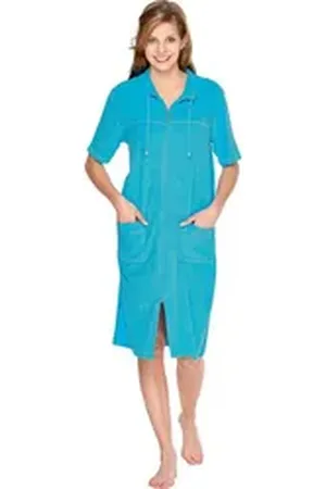 WeWo fashion Damenbademantel 033, Midilänge, Leichtfrottee, Stehkragen, Reißverschluss, Kragen mit Kordel blau 52/54
