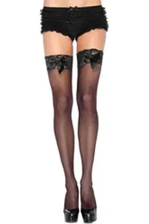 Leg Avenue Overknees Halterlose Strümpfe mit Spitze und Schleifen schwa Unverzichtbares Accessoire für Damen, vielseitig kombinierbares Kost schwarz