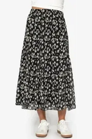 SASSYCLASSY Midirock A-Linie Faltenrock Damen lang aus Chiffon Elegant Fließender Rock mit Raffungen im Blumen Punkte-Print Schwarz Burgundy S