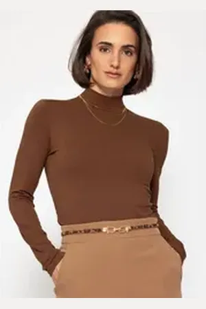 SASSYCLASSY Langarmshirt Langarmshirt Damen mit Rollkragen Elegant Figurbetontes Rundhalsausschnitt Shirt Braun Schwarz Weiß Grau braun M