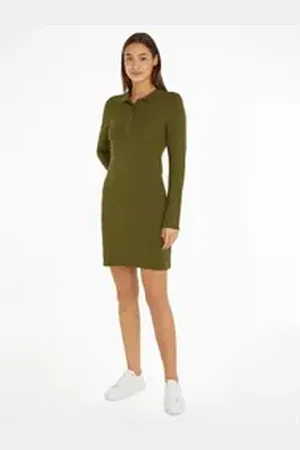 Tommy Hilfiger Polokleid 1985 SLIM PIQUE POLO DRESS LS mit kleiner Logo-Stickerei auf der Brust grün S (36)