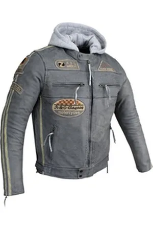 ALPHA Motorradjacke Herren Leder Jacke Biker Freizeit Highway Jacke Grau (Trennbare Innenjacke + Kapuze) aus weichem Lammleder, mit herausnehmbare Protektoren L