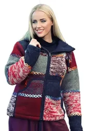 Kunst und Magie Strickjacke Damen Strickjacke Wolle Bunte Patchwork Jacke Fleecefutter Hochkragen M