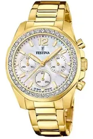 Festina Chronograph F20609/1 Damen-Uhr Boyfriend Analog Quarz Edelstahl-Armband Gold-Ton