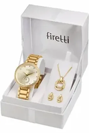 Firetti Quarzuhr, (Set, 4-tlg., inkl. Ohrstecker und Kette mit Anhänger), Armbanduhr, Damenuhr, Glassteine, ideal auch als Geschenk goldfarben