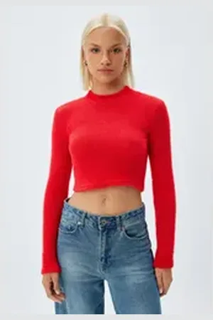 Koton Stehkragenpullover Standkragen Slim rot M