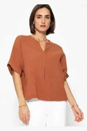 SASSYCLASSY Kurzarmshirt Oversize Musselin Shirt Damen kurz in V-Ausschnitt Lockere Kurzarm Shirt aus weichem Baumwolle mit feinem Schlitz Elegant braun S