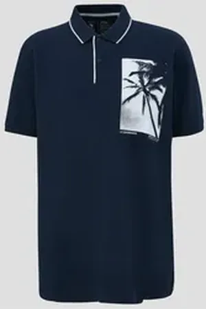 QS by s.Oliver Kurzarmshirt Poloshirt aus Baumwolle mit Frontprint Kontrast-Details blau XLT