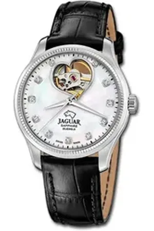 Jaguar Quarzuhr Leder Damen Uhr Analog Elegant, (Analoguhr), Damenuhr Lederarmband schwarz, rundes Gehäuse, mittel (ca. 34mm) schwarz