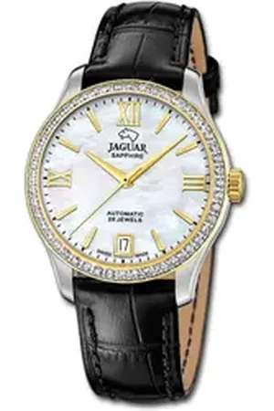 Jaguar Quarzuhr Leder Damen Uhr Analog Elegant, (Analoguhr), Damenuhr Lederarmband schwarz, rundes Gehäuse, mittel (ca. 34mm) schwarz