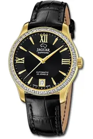 Jaguar Quarzuhr Leder Damen Uhr Analog Elegant, (Analoguhr), Damenuhr Lederarmband schwarz, rundes Gehäuse, mittel (ca. 34mm) schwarz
