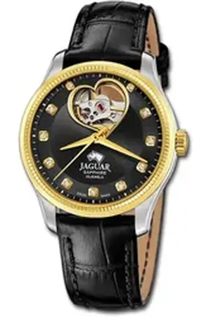 Jaguar Quarzuhr Leder Damen Uhr Analog Elegant, (Analoguhr), Damenuhr Lederarmband schwarz, rundes Gehäuse, mittel (ca. 34mm) schwarz