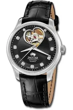 Jaguar Quarzuhr Leder Damen Uhr Analog Elegant, (Analoguhr), Damenuhr Lederarmband schwarz, rundes Gehäuse, mittel (ca. 34mm) schwarz