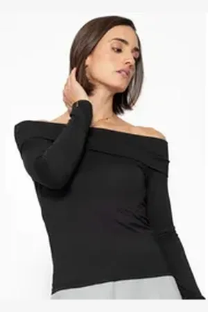 SASSYCLASSY Langarmshirt Langarmshirt Damen mit Carmen-Ausschnitt Elegant Figurbetontes Shirt mit schulterfreiem Schnitt Schwarz Taupe schwarz S