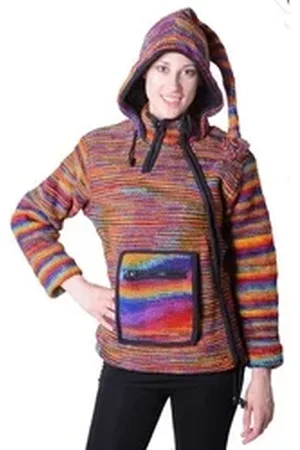 Kunst und Magie Kapuzenstrickjacke Damen Wolljacke Hippie Goa Strickjacke mit Zipfelkapuze Mehrfarbig bunt M