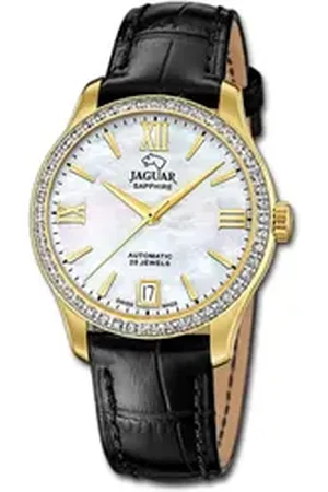 Jaguar Quarzuhr Leder Damen Uhr Analog Elegant, (Analoguhr), Damenuhr Lederarmband schwarz, rundes Gehäuse, mittel (ca. 34mm) schwarz