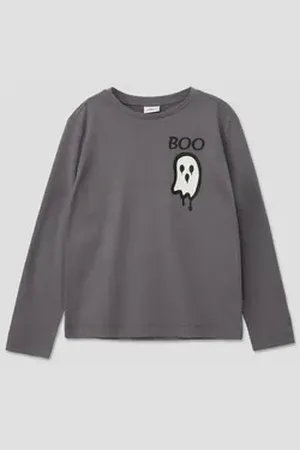 QS by s.Oliver Langarmshirt Unisex Longsleeve mit Halloween-Print grau 104/110