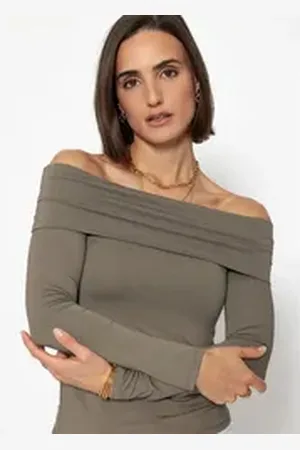 SASSYCLASSY Langarmshirt Langarmshirt Damen mit Carmen-Ausschnitt Elegant Figurbetontes Shirt mit schulterfreiem Schnitt Schwarz Taupe L