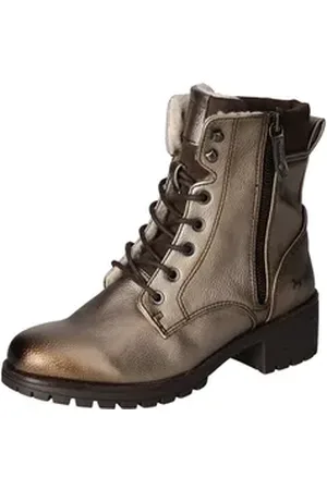 Mustang Shoes Schnürboots, Schnürstiefelette, Blockabsatz, in Metallic-Optik, schmale Form goldfarben 42 EU