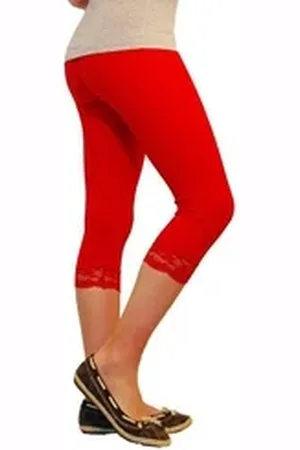 Yeset Caprihose Mädchen Kinder Leggings Leggins Hose Capri 3/4 kurz Spitze Baumwolle R rot 134