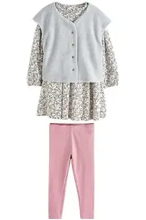 Next Kleid & Leggings Langärmeliges Kleid mit Weste und Leggings im Set (3-tlg) grau 116-122 (6-7 J.)