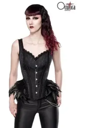 Ocultica Corsage - Ausgestelle Gothic-Corsage aus Brokat und Federn - (L,M,S,X schwarz L