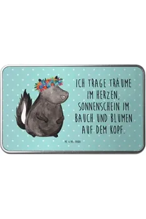 Mr. & Mrs. Panda Dose Stinktier Mädchen - Türkis Pastell - Geschenk, Skunk, Yoga, Blechbox, (1 St), Nachhaltige Geschenkverpackung blau