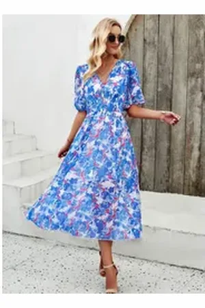 DEBAIJIA Dirndl Sommerkleid Damen Frauen Bedruckter Kleid lässiger Mode blau XL