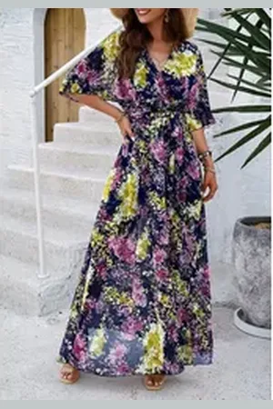 DEBAIJIA Dirndl Sommerkleid Damen Frauen Bedruckter Kleid lässiger Mode blau XL