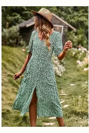DEBAIJIA Dirndl Sommerkleid Damen Frauen Bedruckter Kleid lässiger Mode grün XL