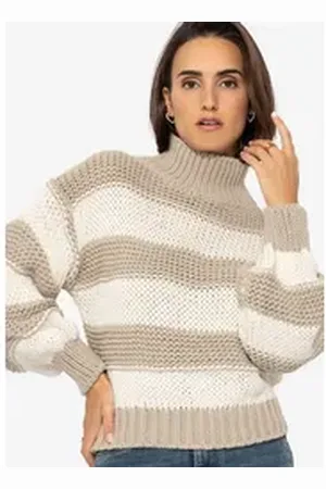 SASSYCLASSY Rollkragenpullover Oversize Rollkragen Strickpullover Damen Elegant Warmer Pullover aus Grobstrick in Streifen Design Schwarz Weiß Beige beige|schwarz S/M