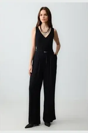 Jimmy Key Jumpsuit Gerade geschnittener ärmelloser Jumpsuit aus gewebtem Leinen mit Gürte schwarz S