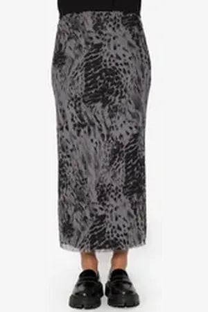 SASSYCLASSY Midirock Midi Rock Damen lang mit halbtransparentem Mesh Fließender Rock in Animalmuster mit Unterrock und Gummibund Braun Grau grau S